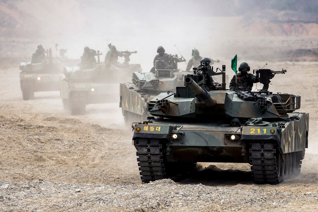 Republic of Korea tanks with the 1st Marine Division head a firing line during a Korea Marine Exercise Program in Pohang, South Korea. Exchange agreements between the U.S. and South Korea governments allow DLA to provide items and fuel to the South Korean military.
