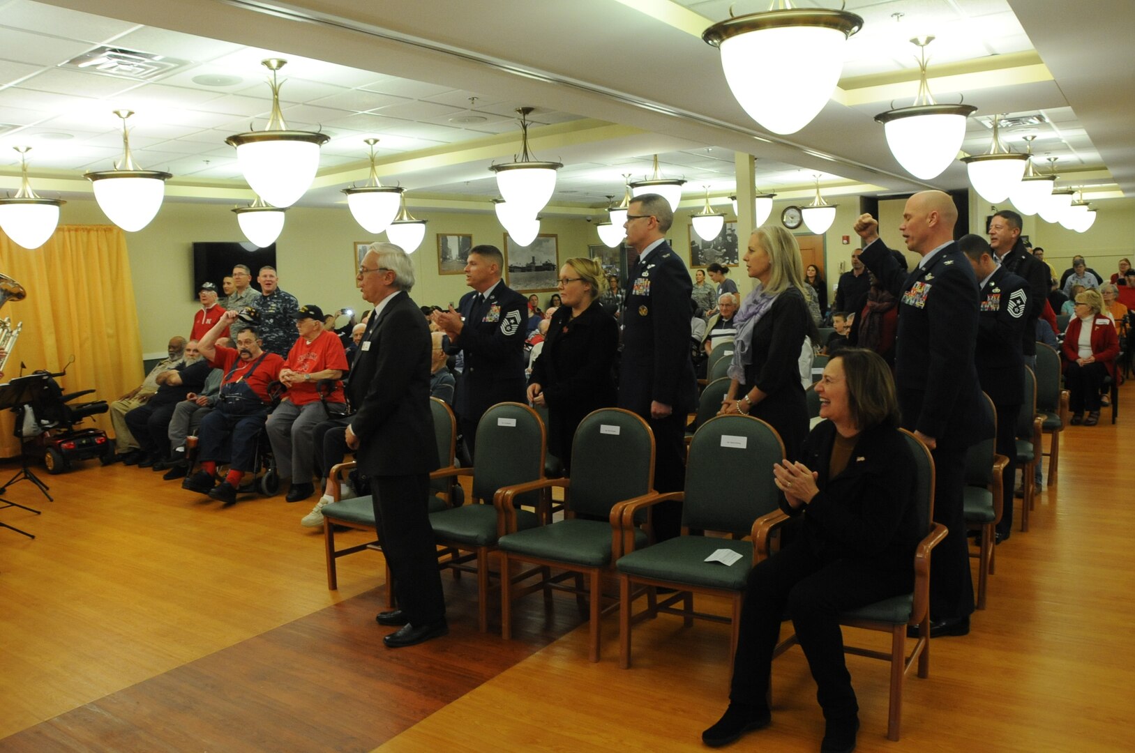Senior leaders from U.S. Strategic Command (USSTRATCOM), the 55th Wing and the local community attend a Veterans Day ceremony at the Eastern Nebraska Veterans Home in Bellevue, Neb., Nov. 11, 2017. USSTRATCOM and 55th Wing leaders also participated in the 2017 Bellevue Veterans Day Parade and the annual ceremony at Memorial Park in Omaha to honor the service and sacrifice of American veterans and their families.