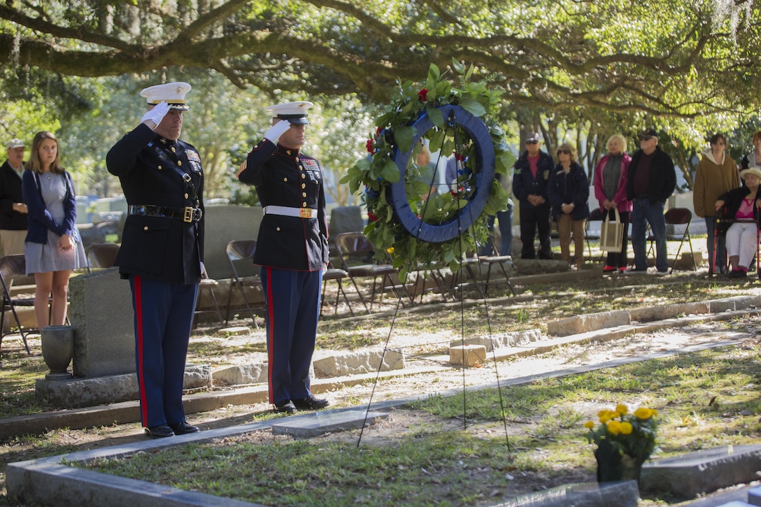 Col. Chris Steinhilber (left), 4th Marine Division chief of staff, and Sgt. Maj. Michael A. Miller (right), 4th MARDIV sergeant major, salute Gen. Robert H. Barrow’s gravestone, the 27th Commandant of the Marine Corps, during the playing of “Taps” at the annual wreath laying ceremony for Barrow at Grace Church of West Feliciana, in Saint Francisville, La., Nov. 10, 2017.