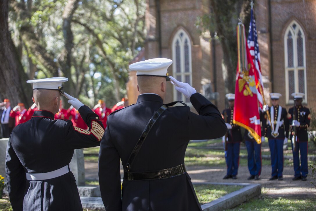 Sgt. Maj. Michael A. Miller (left), 4th Marine Division sergeant major, and Col. Chris Steinhilber (right), 4th MARDIV chief of staff, salute the colors during the playing of “The Star-Spangled Banner” at the annual wreath laying ceremony for Gen. Robert H. Barrow, the 27th Commandant of the Marine Corps, at Grace Church of West Feliciana, in Saint Francisville, La., Nov. 10, 2017.