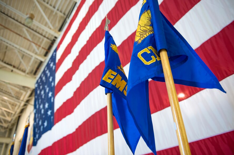 23d Equipment and Component Maintenance Squadron guidons display prior to the 23d Maintenance Squadron re-designation ceremony, Nov. 9, 2017 at Moody Air Force Base, Ga. Lt. Col. Neal Van Houten took command of Air Combat Command’s second largest squadron, leading the 800 men and women who are responsible for executing safe and reliable maintenance on aircraft systems, ground equipment and munitions to support the 23d Wing's attack and rescue missions. (U.S. Air Force photo by Senior Airman Greg Nash)