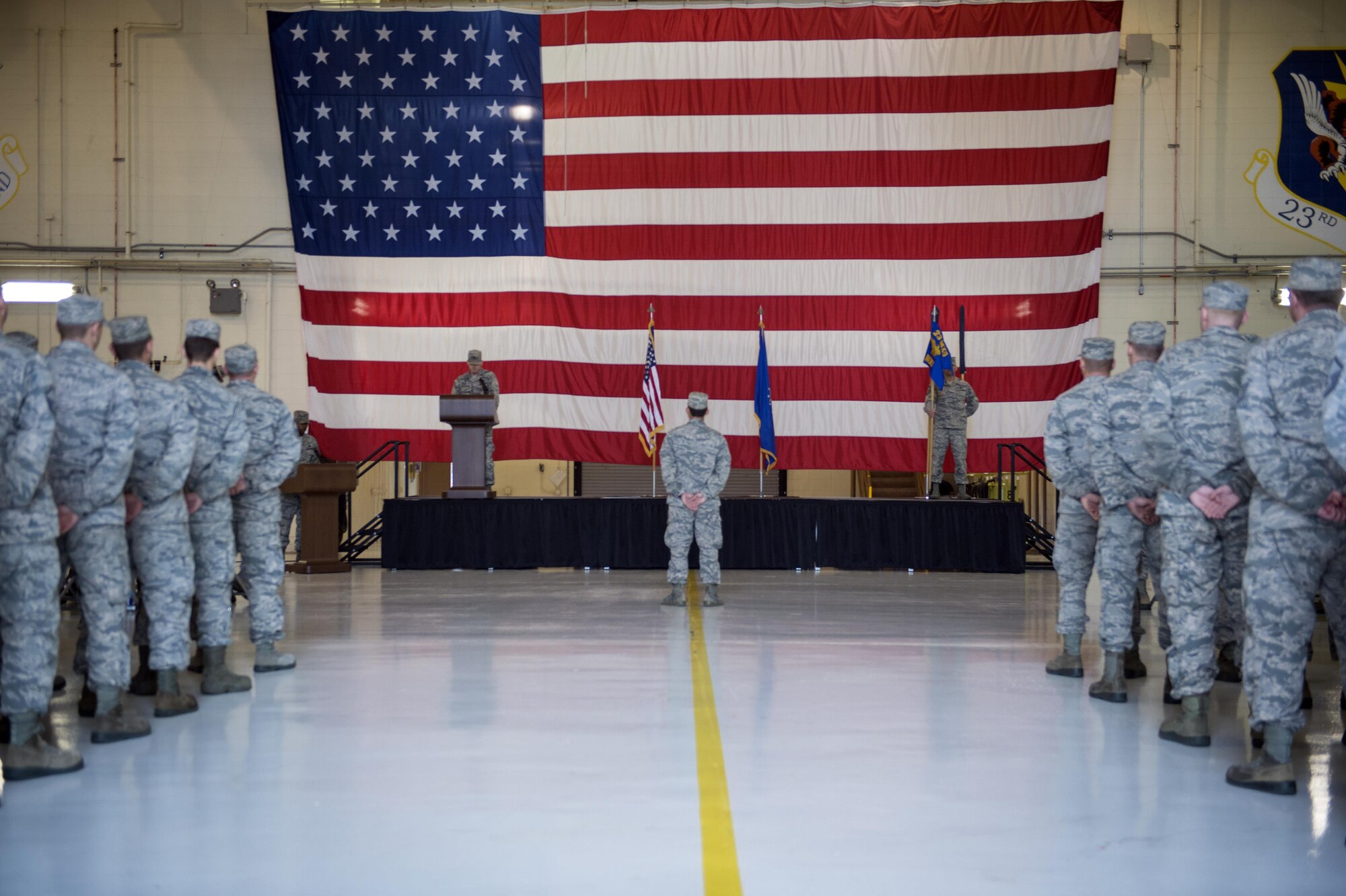Lt. Col. Neal Van Houten, 23d Maintenance Squadron commander, commends the men and women of the newly re-designated MXS during a ceremony, Nov. 9, 2017, at Moody Air Force Base, Ga. Van Houten took command of Air Combat Command’s second largest squadron, leading the 800 men and women who are responsible for executing safe and reliable maintenance on aircraft systems, ground equipment and munitions to support the 23d Wing's attack and rescue missions. (U.S. Air Force photo by Senior Airman Greg Nash)