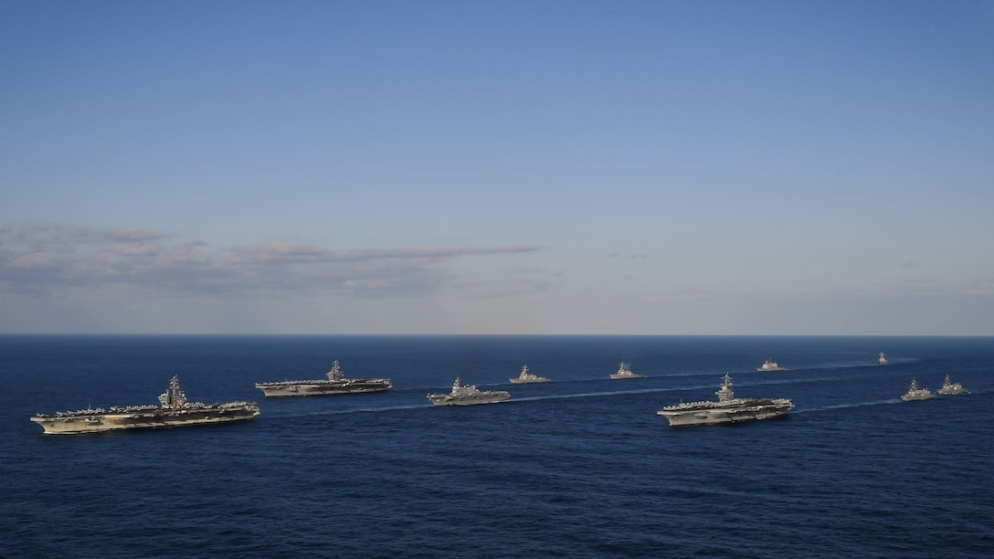 The USS Ronald Reagan, USS Theodore Roosevelt and USS Nimitz Strike Groups transit the Western Pacific.