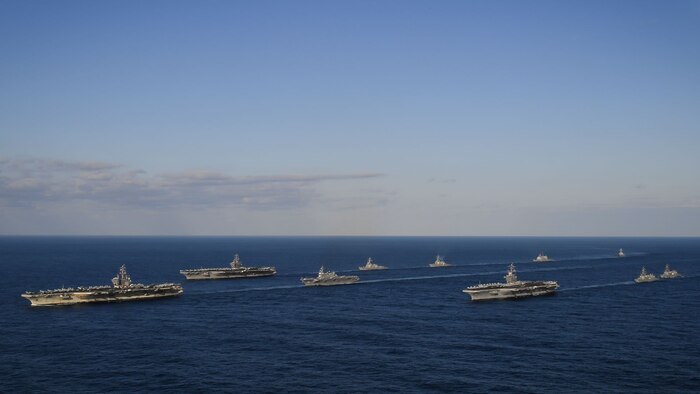 The USS Ronald Reagan, USS Theodore Roosevelt and USS Nimitz Strike Groups transit the Western Pacific.