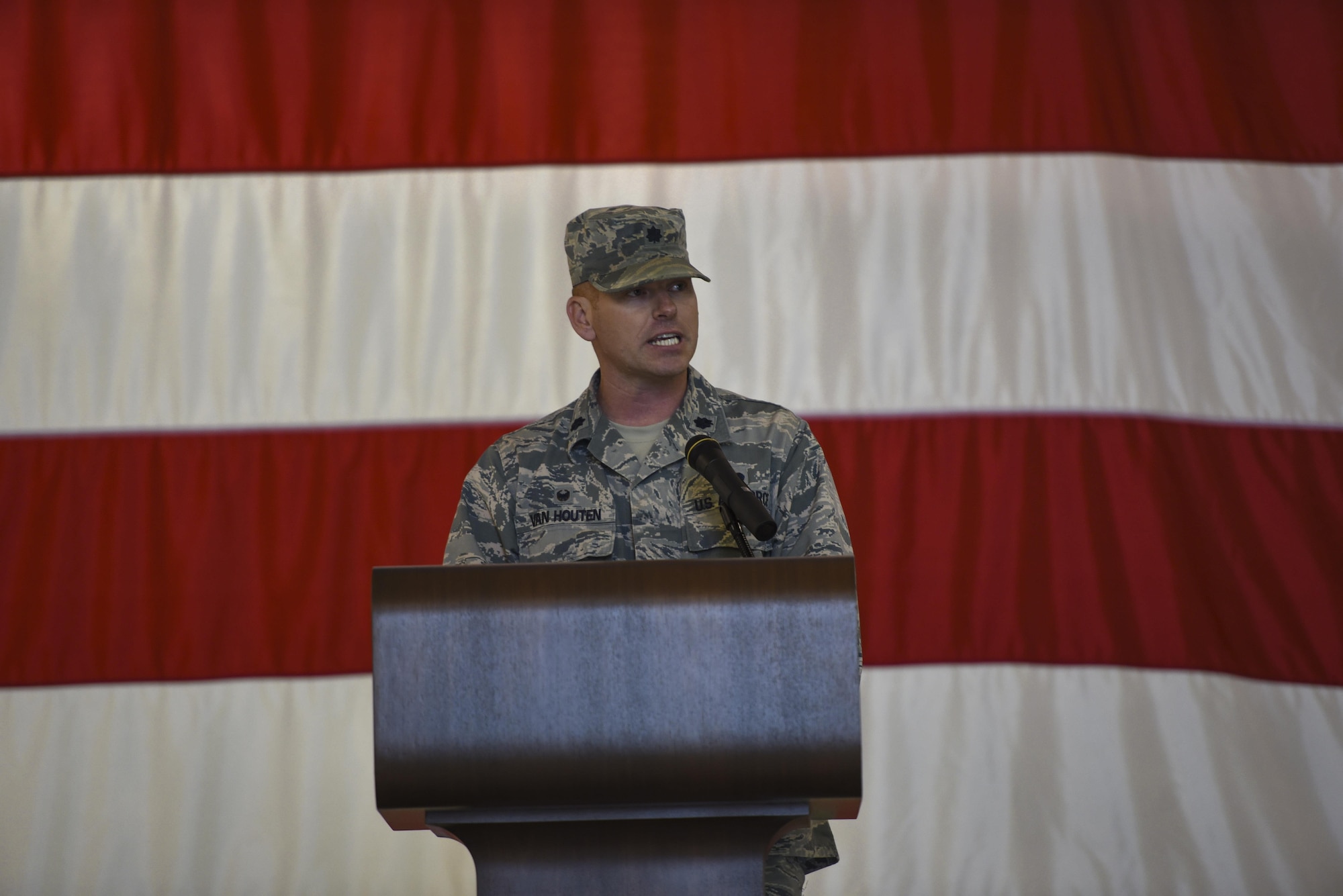 Lt. Col. Neal Van Houten, 23d Maintenance Squadron commander, commends 23d MXS Airmen for their maintenance professionalism and expertise during a re-designation ceremony, Nov. 9, 2017, at Moody Air Force Base, Ga. Van Houten took command of Air Combat Command’s second largest squadron, leading the 800 men and women who are responsible for executing safe and reliable maintenance on aircraft systems, ground equipment and munitions to support the 23d Wing's attack and rescue missions. (U.S. Air Force photo by Senior Airman Greg Nash)