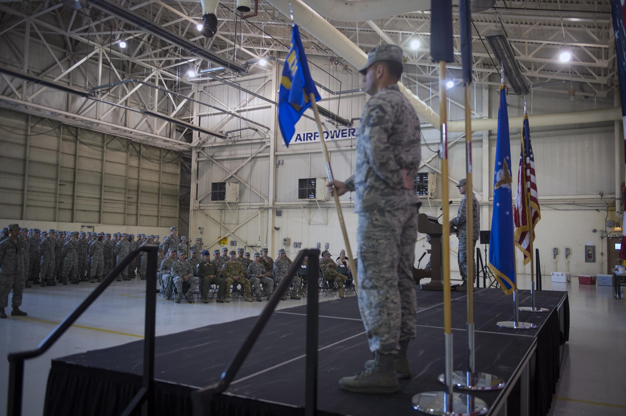 Lt. Col. Neal Van Houten, 23d Maintenance Squadron commander, commends 23d MXS Airmen for their maintenance professionalism and expertise during a re-designation ceremony, Nov. 9, 2017, at Moody Air Force Base, Ga. Van Houten took command of Air Combat Command’s second largest squadron, leading the 800 men and women who are responsible for executing safe and reliable maintenance on aircraft systems, ground equipment and munitions to support the 23d Wing's attack and rescue missions. (U.S. Air Force photo by Senior Airman Greg Nash)