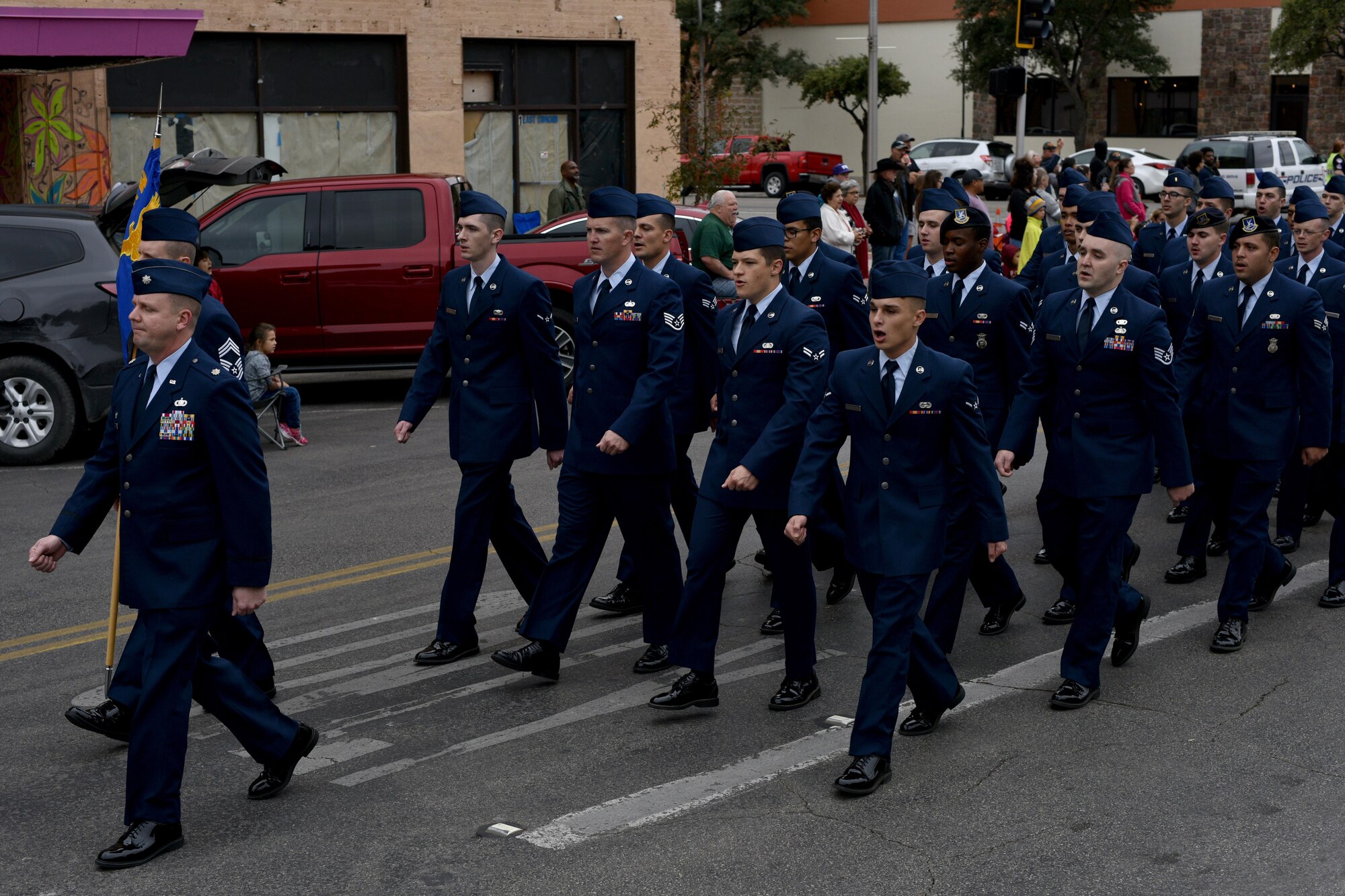 Members from the 17th Mission Support Group march during the Veteran’s Day parade in San Angelo, Texas, Nov. 11, 2017. Over 400 military members participated in the parade.