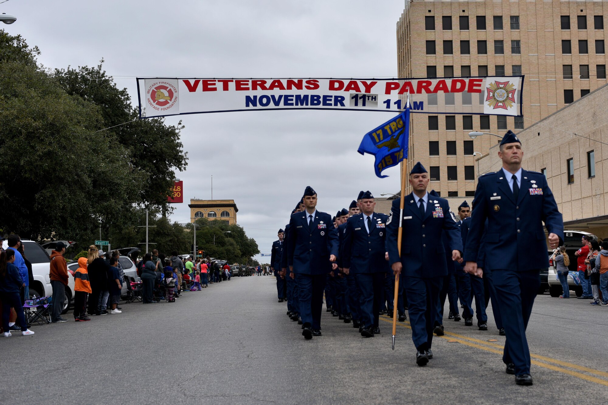 Members from the 315th Training Squadron march during the Veteran’s Day parade in San Angelo, Texas, Nov. 11, 2017. The parade featured veterans, active duty members and marching bands.
