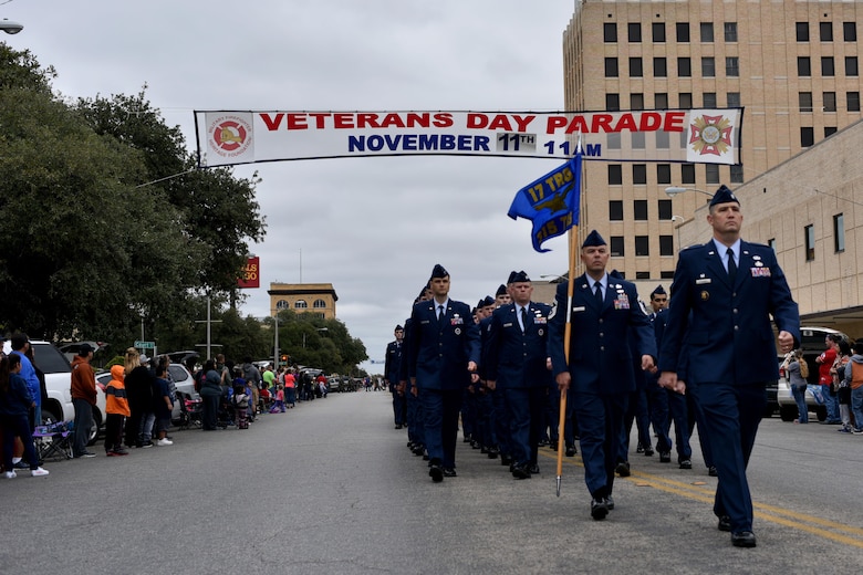 Members from the 315th Training Squadron march during the Veteran’s Day parade in San Angelo, Texas, Nov. 11, 2017. The parade featured veterans, active duty members and marching bands.