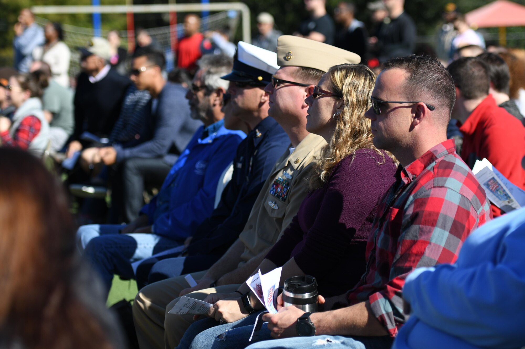 Members of the various military branches of service attend the Jeff Davis Elementary School Veterans Day celebration Nov. 10, 2017, in Biloxi, Mississippi. During the event, students recited the Pledge of Allegiance and sang several patriotic songs. Keesler Air Force Base leadership, honor guardsmen and base personnel attended the event. (U.S. Air Force photo by Kemberly Groue)