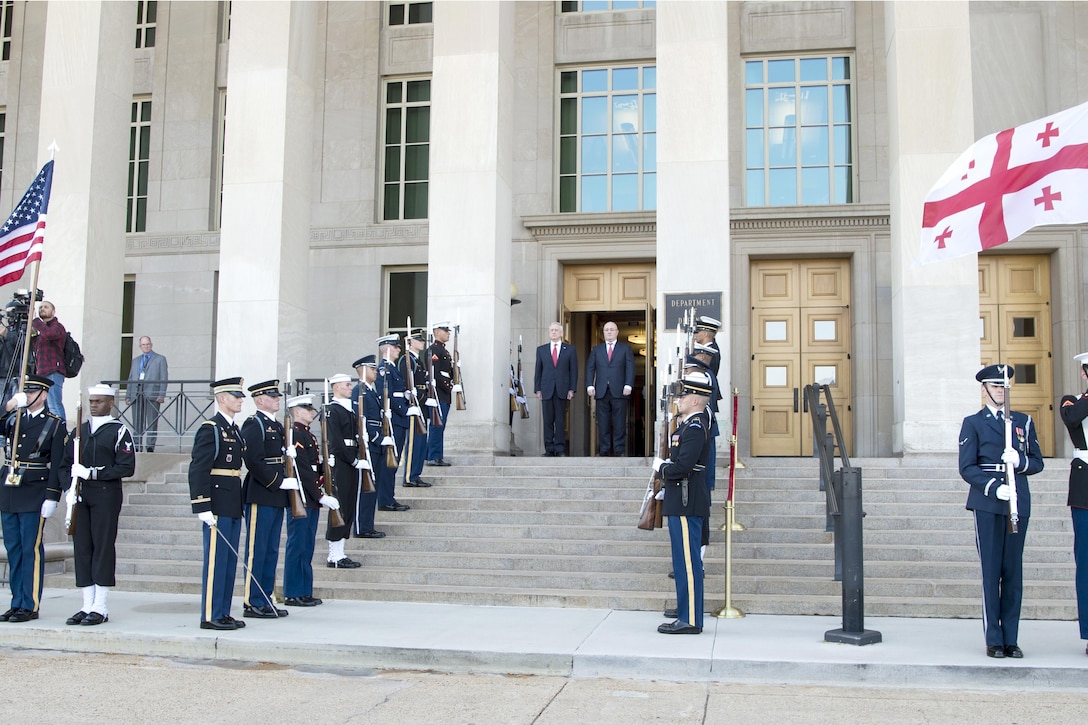 Defense Secretary Jim Mattis and the Georgian defense minister stand together at the Pentagon.