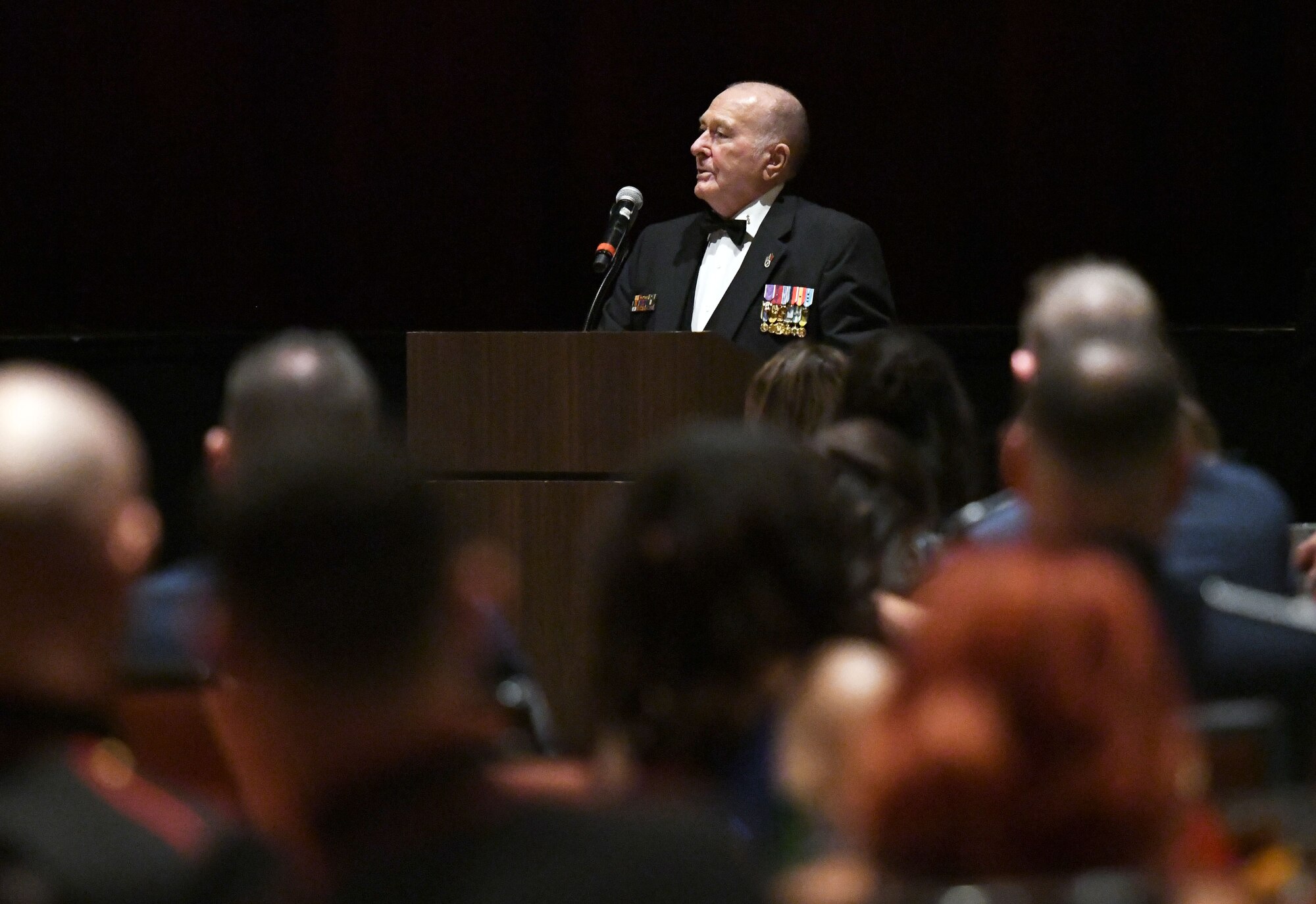 U.S. Marine Corps retired 1st Sgt. Harry O. Blake, Jr., delivers remarks during the 242nd Marine Corps Birthday Ball at the Golden Nugget Casino Nov. 10, 2017, in Biloxi, Mississippi. More than 300 service members and guests attended the Keesler Marine Detachment-hosted event. (U.S. Air Force photo by Kemberly Groue)