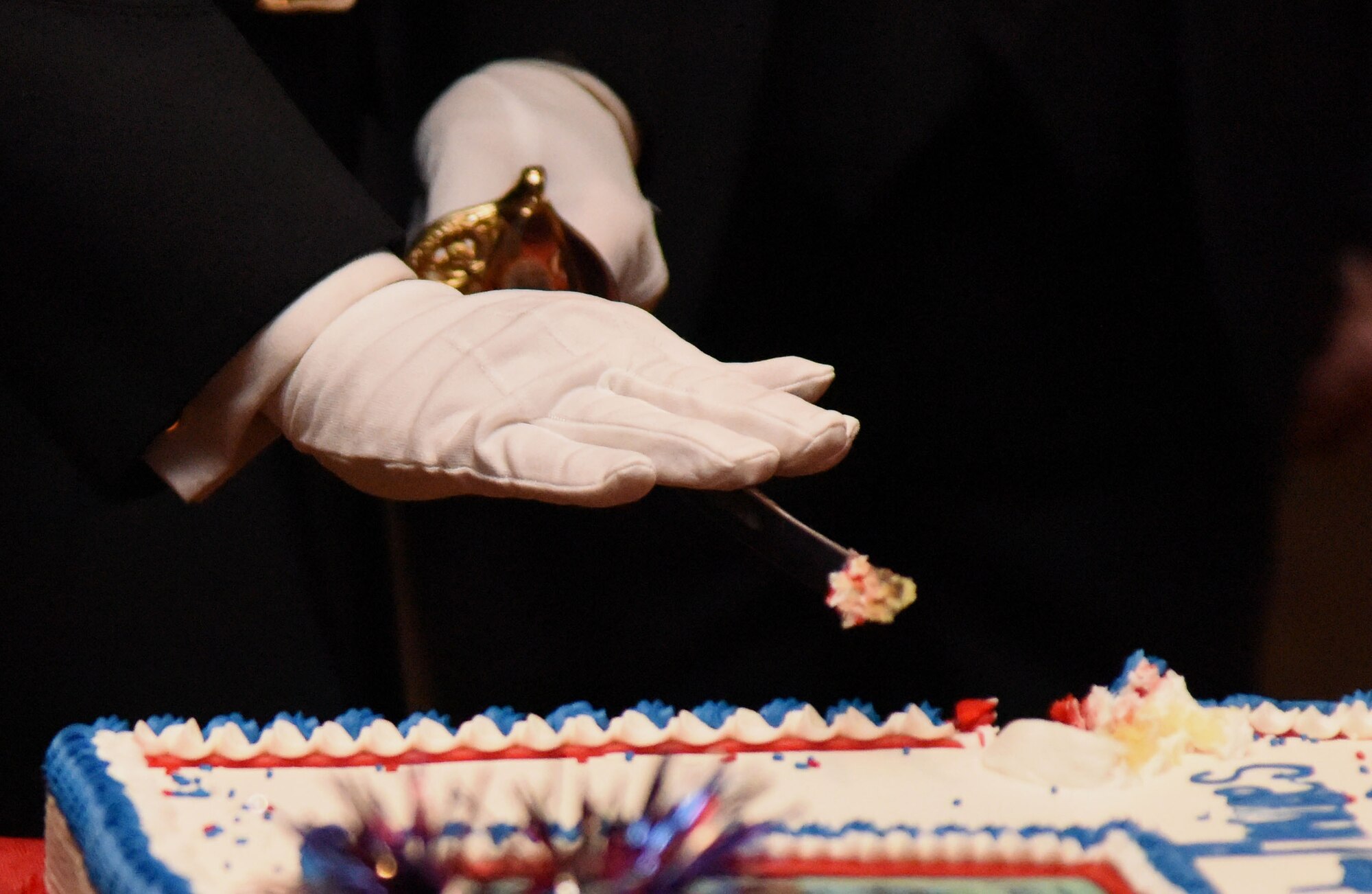 Capt. Gary Baxter, Keesler Marine Detachment commanding officer, cuts the birthday cake using a non-commissioned officer sword during the 242nd Marine Corps Birthday Ball at the Golden Nugget Casino Nov. 10, 2017, in Biloxi, Mississippi. More than 300 service members and guests attended the Keesler Marine Detachment-hosted event. (U.S. Air Force photo by Kemberly Groue)