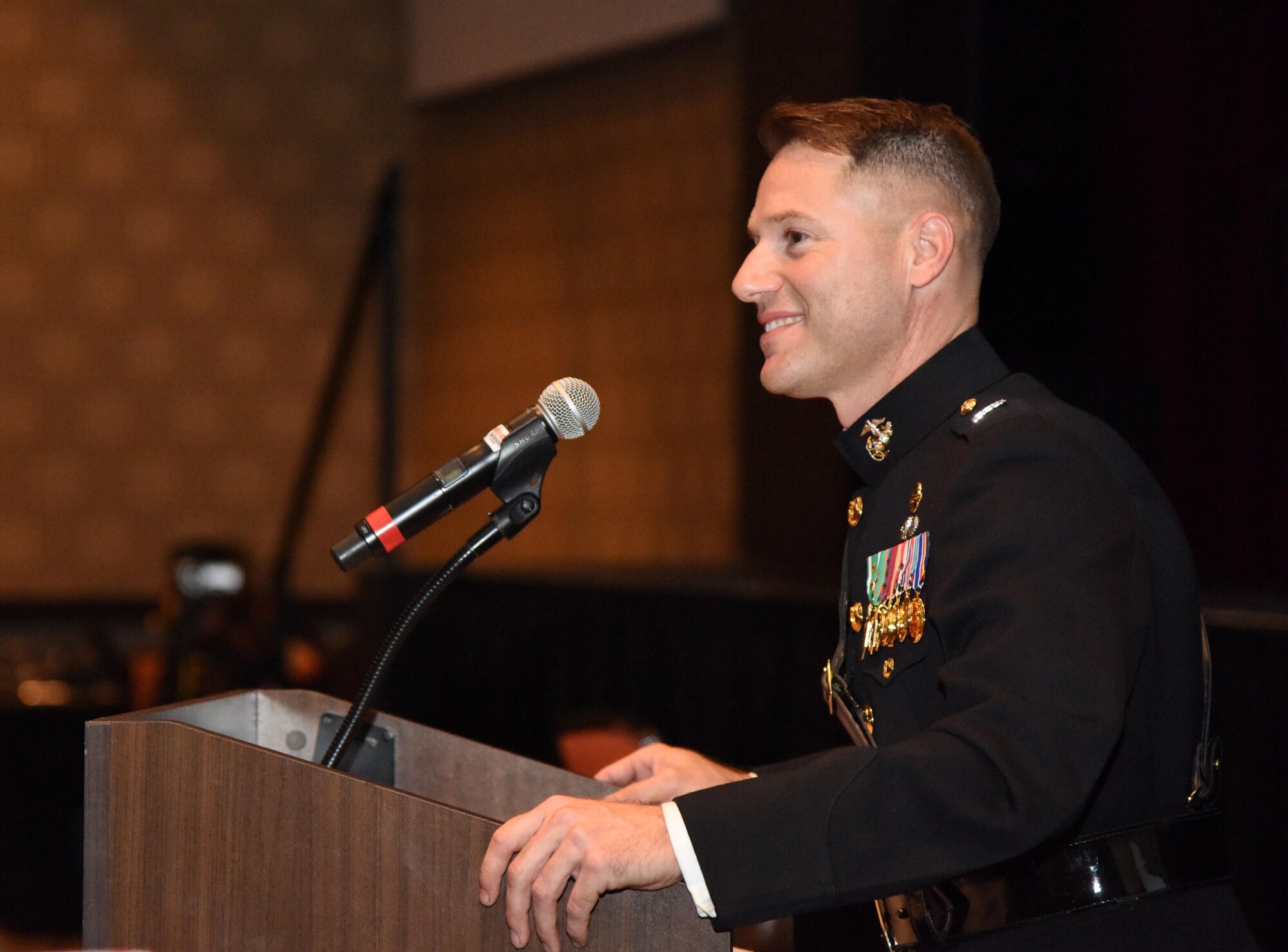 Capt. Gary Baxter, Keesler Marine Detachment commanding officer, delivers remarks during the 242nd Marine Corps Birthday Ball at the Golden Nugget Casino Nov. 10, 2017, in Biloxi, Mississippi. More than 300 service members and guests attended the Keesler Marine Detachment-hosted event. (U.S. Air Force photo by Kemberly Groue)