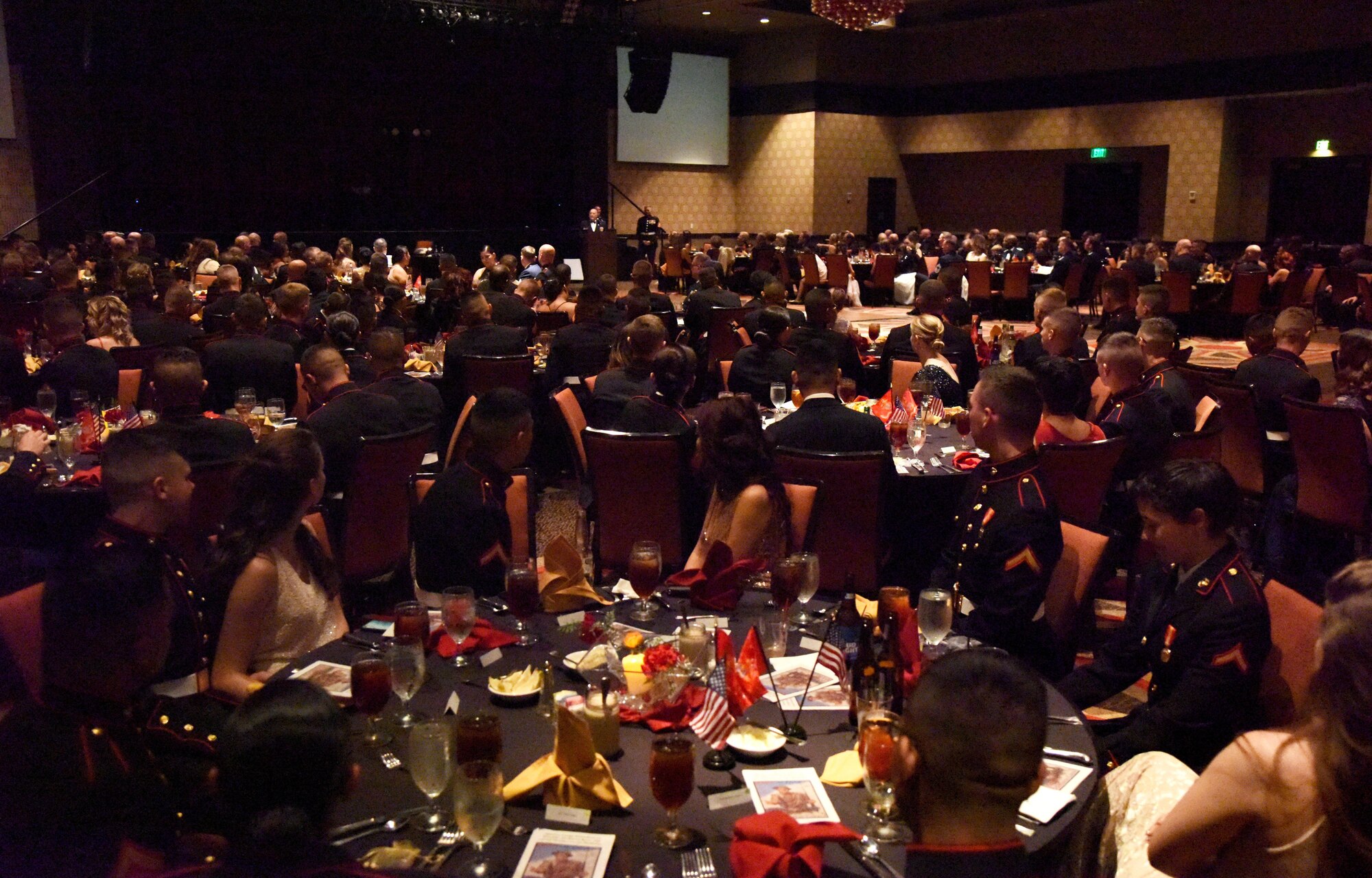 U.S. Marine Corps retired 1st Sgt. Harry O. Blake, Jr., delivers remarks during the 242nd Marine Corps Birthday Ball at the Golden Nugget Casino Nov. 10, 2017, in Biloxi, Mississippi. More than 300 service members and guests attended the Keesler Marine Detachment-hosted event. (U.S. Air Force photo by Kemberly Groue)