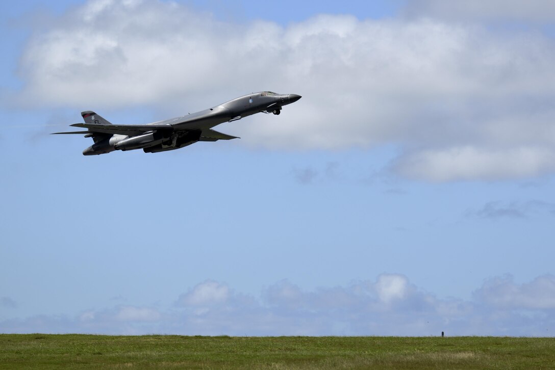 A U.S. Air Force B-1B Lancer assigned to the 37th Expeditionary Bomb Squadron, deployed from Ellsworth Air Force Base, South Dakota, takes off from Andersen AFB, Guam for a mission flying in the Western Pacific, Nov. 13, 2017