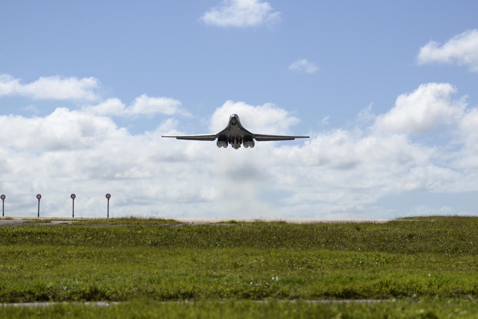 A U.S. Air Force B-1B Lancer assigned to the 37th Expeditionary Bomb Squadron, deployed from Ellsworth Air Force Base, South Dakota, takes off from Andersen AFB, Guam for a mission flying in the Western Pacific, Nov. 13, 2017