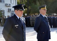 U.S. Air Force Col. Michael Rimsky, 39th Air Base Wing vice commander, stands with Turkish Air Force Col. Kursad Yildiz, wing commander of the 10th Tanker Base, during a ceremony at Incirlik Air Base, Turkey, Nov. 10, 2017.