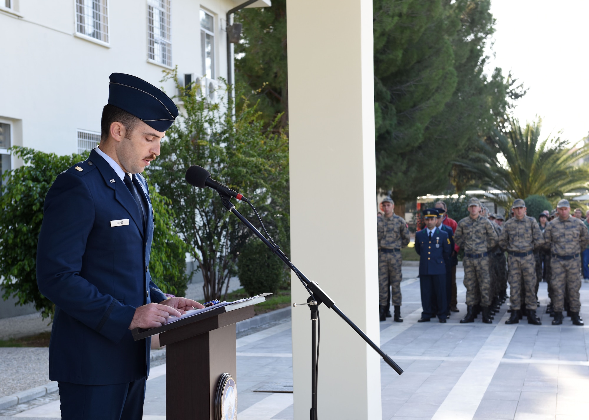 U.S. Air Force Maj. Daniel Lopez, 39th Air Base Wing executive officer, speaks about Mustafa Kemal Ataturk's life in a ceremony at Incirlik Air Base, Turkey, Nov. 10, 2017.