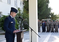 U.S. Air Force Maj. Daniel Lopez, 39th Air Base Wing executive officer, speaks about Mustafa Kemal Ataturk's life in a ceremony at Incirlik Air Base, Turkey, Nov. 10, 2017.