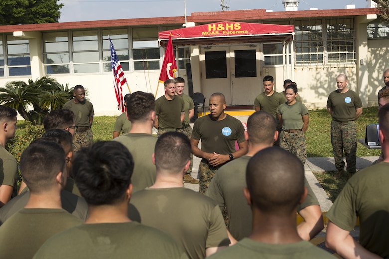 MCAS FUTENMA, OKINAWA, Japan— Sgt. Maj. Clement Pearson gives a motivational speech after the 242-mile Birthday Run on Marine Corps Air Station Futenma, Okinawa, Japan.