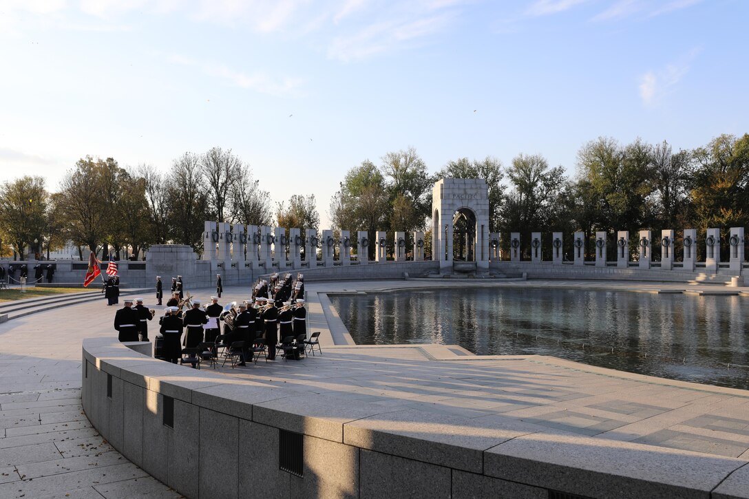 On Nov. 10, 2017, the U.S. Marine Band and the Ceremonial Escort from Marine Barracks Washington participated in a wreath-laying ceremony in honor of the Marine Corps' 242nd birthday at the National World War II Memorial in Washington, D.C. (U.S. Marine Corps photo by Master Sgt. Amanda Simmons/released)
