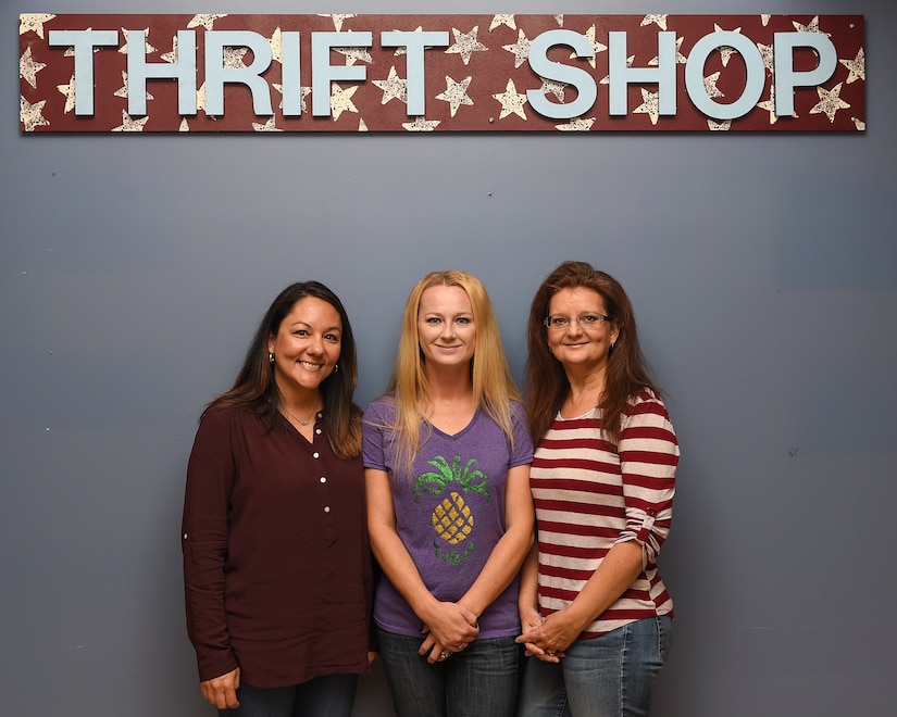 (From left) Heather Alvarado, Langley Thrift Shop manager, Dana Wacks and Diane Schwab, Langley Thrift Shop volunteers, pose for a photo at Joint Base Langley-Eustis, Va., Oct. 12, 2017.