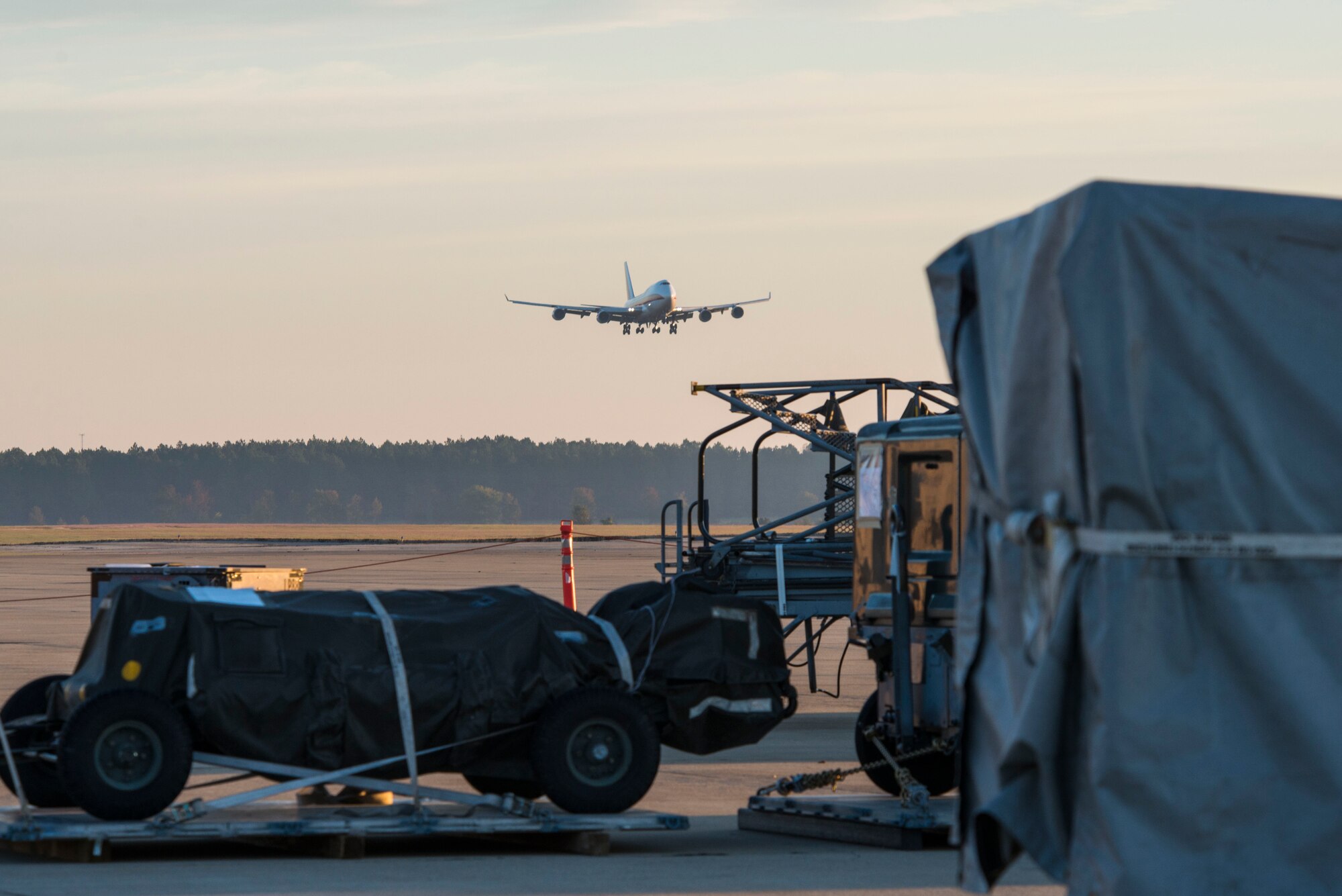 A Boeing 747 prepares to land on the flightline of Shaw Air Force Base, South Carolina, Nov. 1, 2017.