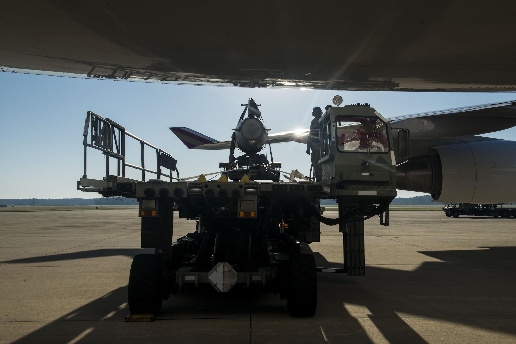 U.S. Air Force Tech. Sgt. Stephen Lacey, 20th Logistics Readiness Squadron (LRS) air transportation specialist, prepares to load cargo at Shaw Air Force Base, South Carolina, Nov. 1, 2017.