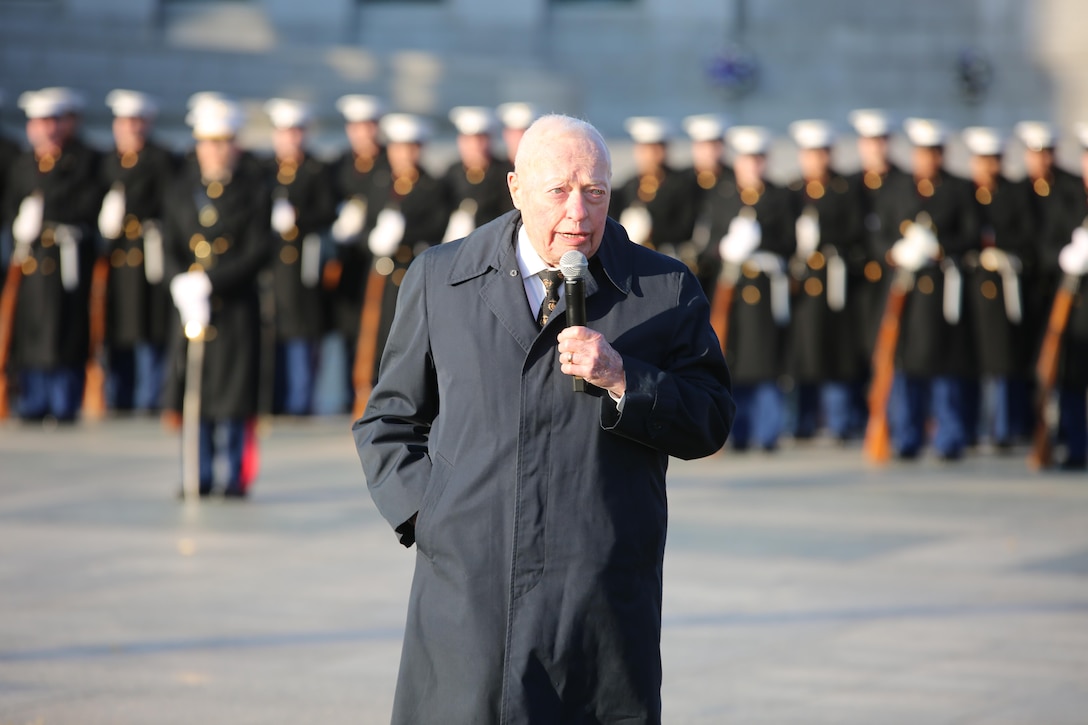 On Nov. 10, 2017, the U.S. Marine Band and the Ceremonial Escort from Marine Barracks Washington participated in a wreath-laying ceremony in honor of the Marine Corps' 242nd birthday at the National World War II Memorial in Washington, D.C. (U.S. Marine Corps photo by Master Sgt. Amanda Simmons/released)
