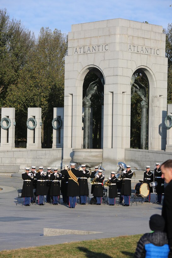 On Nov. 10, 2017, the U.S. Marine Band and the Ceremonial Escort from Marine Barracks Washington participated in a wreath-laying ceremony in honor of the Marine Corps' 242nd birthday at the National World War II Memorial in Washington, D.C. (U.S. Marine Corps photo by Master Sgt. Amanda Simmons/released)