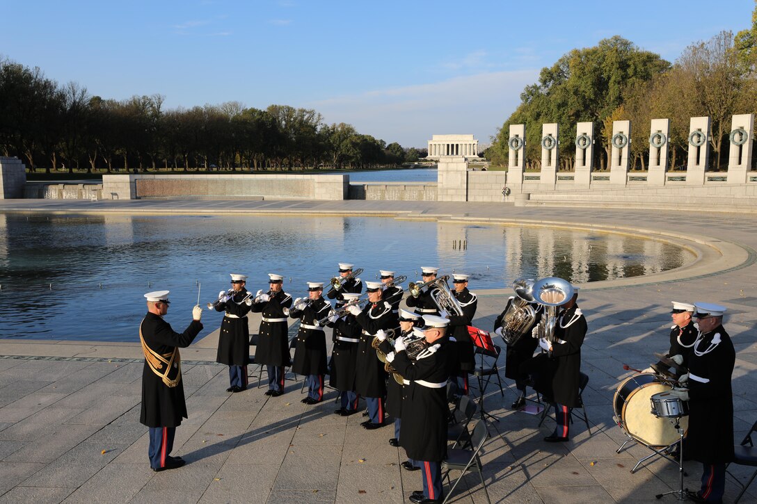 On Nov. 10, 2017, the U.S. Marine Band and the Ceremonial Escort from Marine Barracks Washington participated in a wreath-laying ceremony in honor of the Marine Corps' 242nd birthday at the National World War II Memorial in Washington, D.C. (U.S. Marine Corps photo by Master Sgt. Amanda Simmons/released)