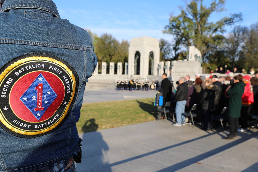 On Nov. 10, 2017, the U.S. Marine Band and the Ceremonial Escort from Marine Barracks Washington participated in a wreath-laying ceremony in honor of the Marine Corps' 242nd birthday at the National World War II Memorial in Washington, D.C. (U.S. Marine Corps photo by Master Sgt. Amanda Simmons/released)