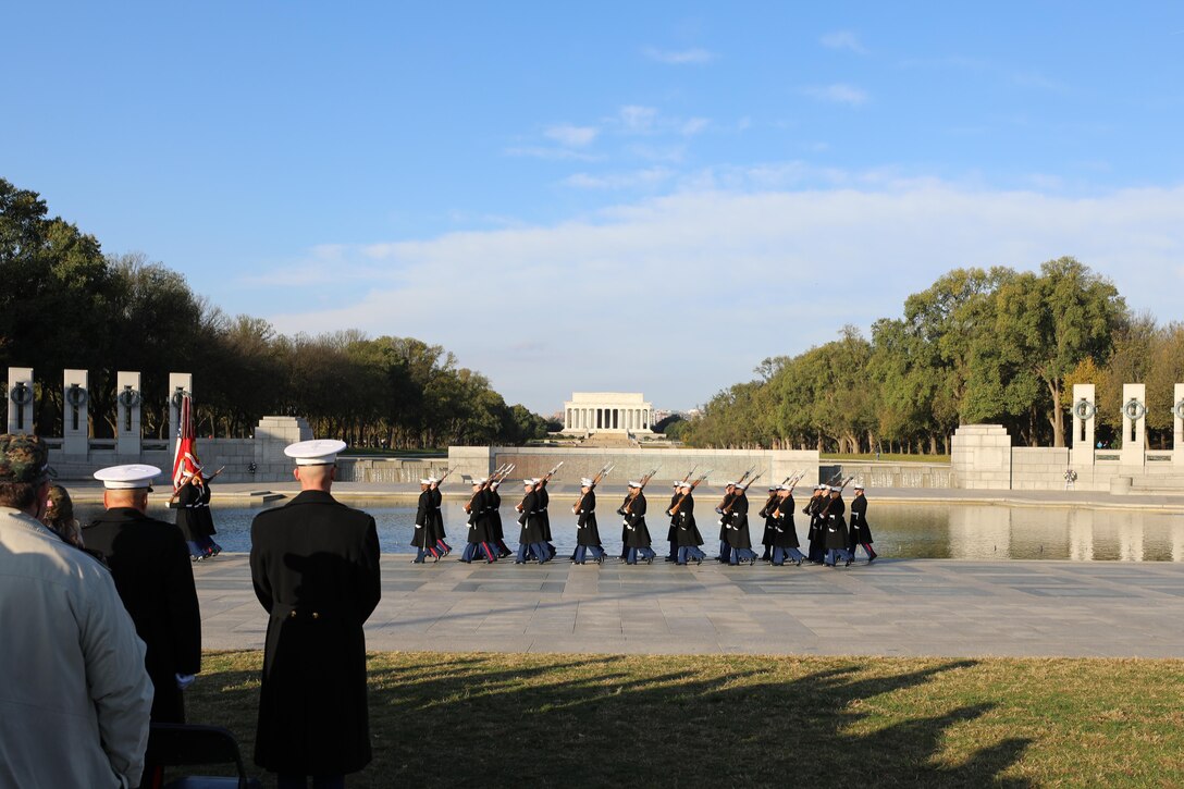 On Nov. 10, 2017, the U.S. Marine Band and the Ceremonial Escort from Marine Barracks Washington participated in a wreath-laying ceremony in honor of the Marine Corps' 242nd birthday at the National World War II Memorial in Washington, D.C. (U.S. Marine Corps photo by Master Sgt. Amanda Simmons/released)