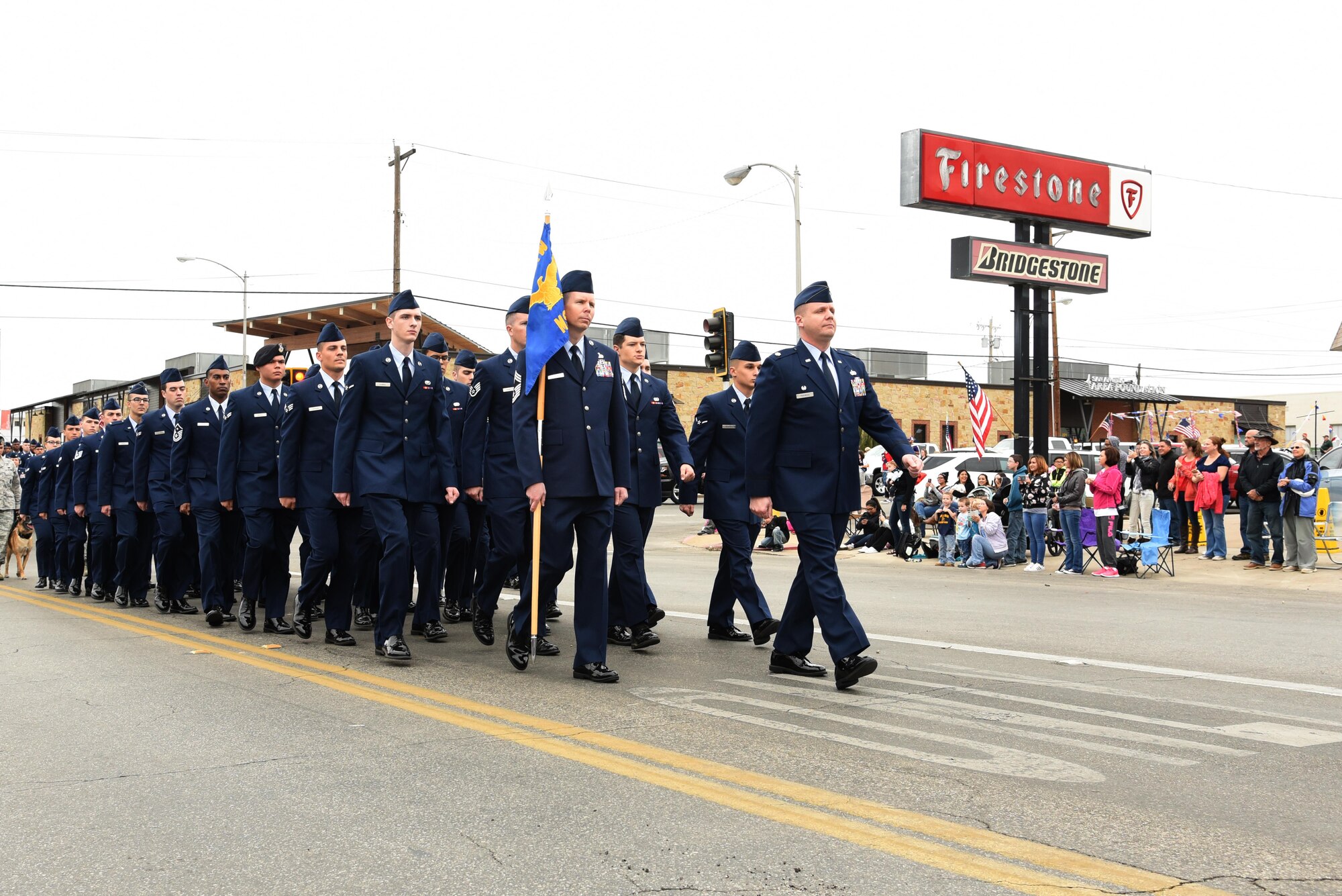 U.S. Air Force Lt. Col. John Travieso, 17th Contracting Squadron commander, and Chief Master Sgt. Franklin Chism, 17th Mission Support Group superintendent, lead the 17th Mission Support Group formation in San Angelo’s Veteran’s Day Parade Nov. 11, 2017, San Angelo, Texas.