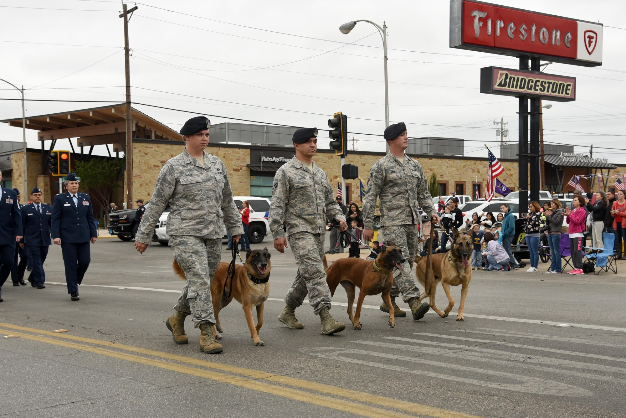 17th Security Forces Squadron military working dogs and their handlers from Goodfellow Air Force Base march in San Angelo’s Veteran’s Day Parade Nov. 11, 2017, San Angelo, Texas.