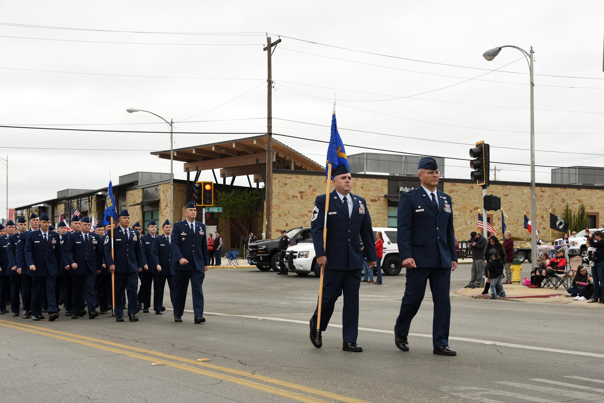 U.S. Air Force Col. Alejandro Ganster, 17th Training Group commander and Chief Master Sgt. Daniel Stein, 17th Training Group superintendent, lead the 17th Training Group formation in San Angelo’s Veteran’s Day Parade Nov. 11, 2017, San Angelo, Texas.