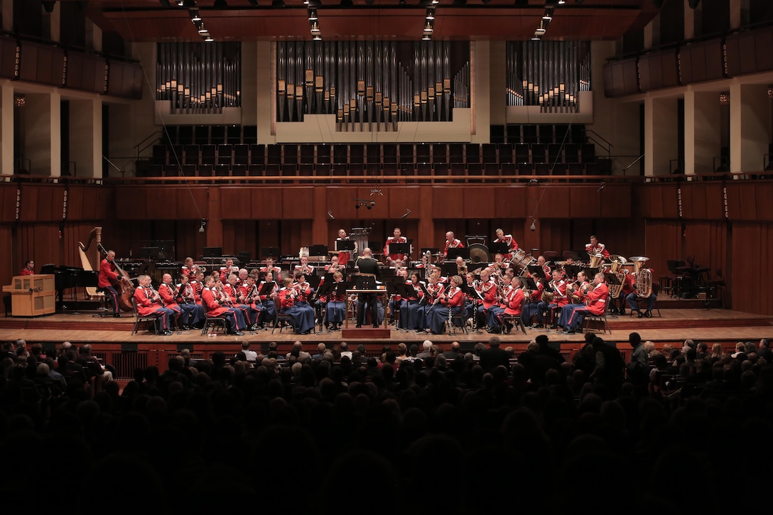 On Nov. 10, 2017, the U.S. Marine Band and the National Symphony Orchestra presented a concert titled “Notes of Honor.” The joint concert, held at the Kennedy Center Concert Hall in Washington, D.C., was conducted by Gianandrea Noseda and Col. Jason K. Fettig. (U.S. Marine Corps photo by Master Sgt. Amanda Simmons/released)
