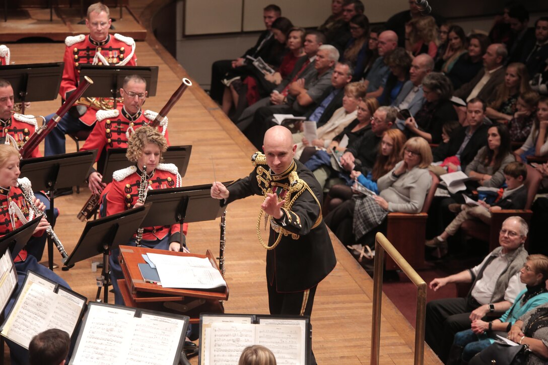 On Nov. 10, 2017, the U.S. Marine Band and the National Symphony Orchestra presented a concert titled “Notes of Honor.” The joint concert, held at the Kennedy Center Concert Hall in Washington, D.C., was conducted by Gianandrea Noseda and Col. Jason K. Fettig. (U.S. Marine Corps photo by Master Sgt. Amanda Simmons/released)