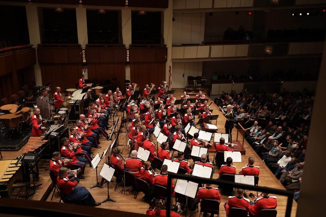 On Nov. 10, 2017, the U.S. Marine Band and the National Symphony Orchestra presented a concert titled “Notes of Honor.” The joint concert, held at the Kennedy Center Concert Hall in Washington, D.C., was conducted by Gianandrea Noseda and Col. Jason K. Fettig. (U.S. Marine Corps photo by Master Sgt. Amanda Simmons/released)