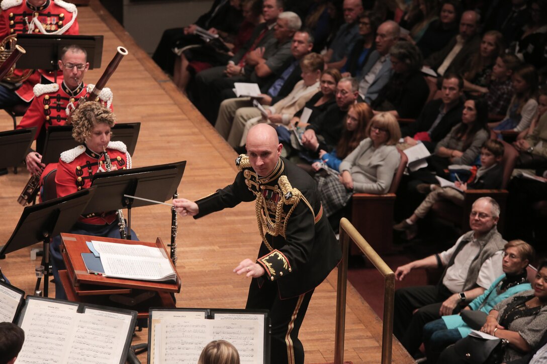 On Nov. 10, 2017, the U.S. Marine Band and the National Symphony Orchestra presented a concert titled “Notes of Honor.” The joint concert, held at the Kennedy Center Concert Hall in Washington, D.C., was conducted by Gianandrea Noseda and Col. Jason K. Fettig. (U.S. Marine Corps photo by Master Sgt. Amanda Simmons/released)