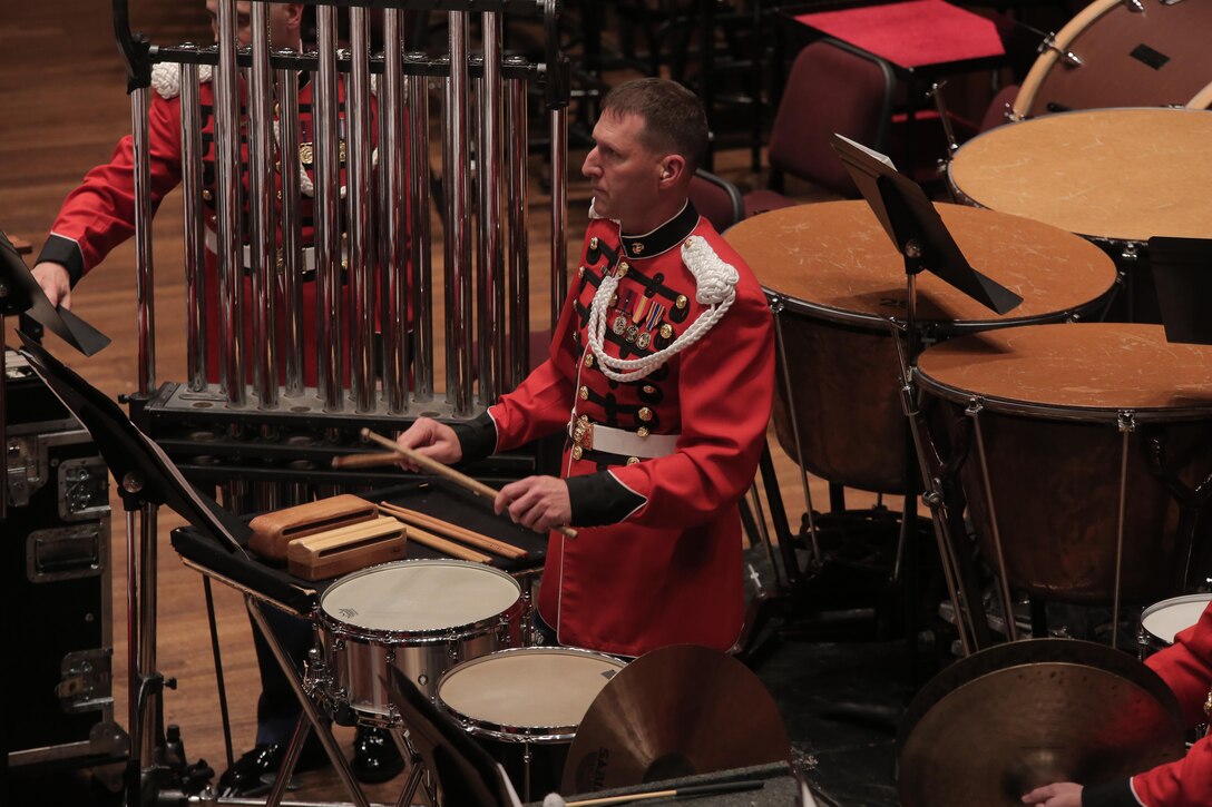 On Nov. 10, 2017, the U.S. Marine Band and the National Symphony Orchestra presented a concert titled “Notes of Honor.” The joint concert, held at the Kennedy Center Concert Hall in Washington, D.C., was conducted by Gianandrea Noseda and Col. Jason K. Fettig. (U.S. Marine Corps photo by Master Sgt. Amanda Simmons/released)