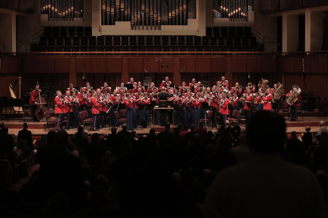 On Nov. 10, 2017, the U.S. Marine Band and the National Symphony Orchestra presented a concert titled “Notes of Honor.” The joint concert, held at the Kennedy Center Concert Hall in Washington, D.C., was conducted by Gianandrea Noseda and Col. Jason K. Fettig. (U.S. Marine Corps photo by Master Sgt. Amanda Simmons/released)