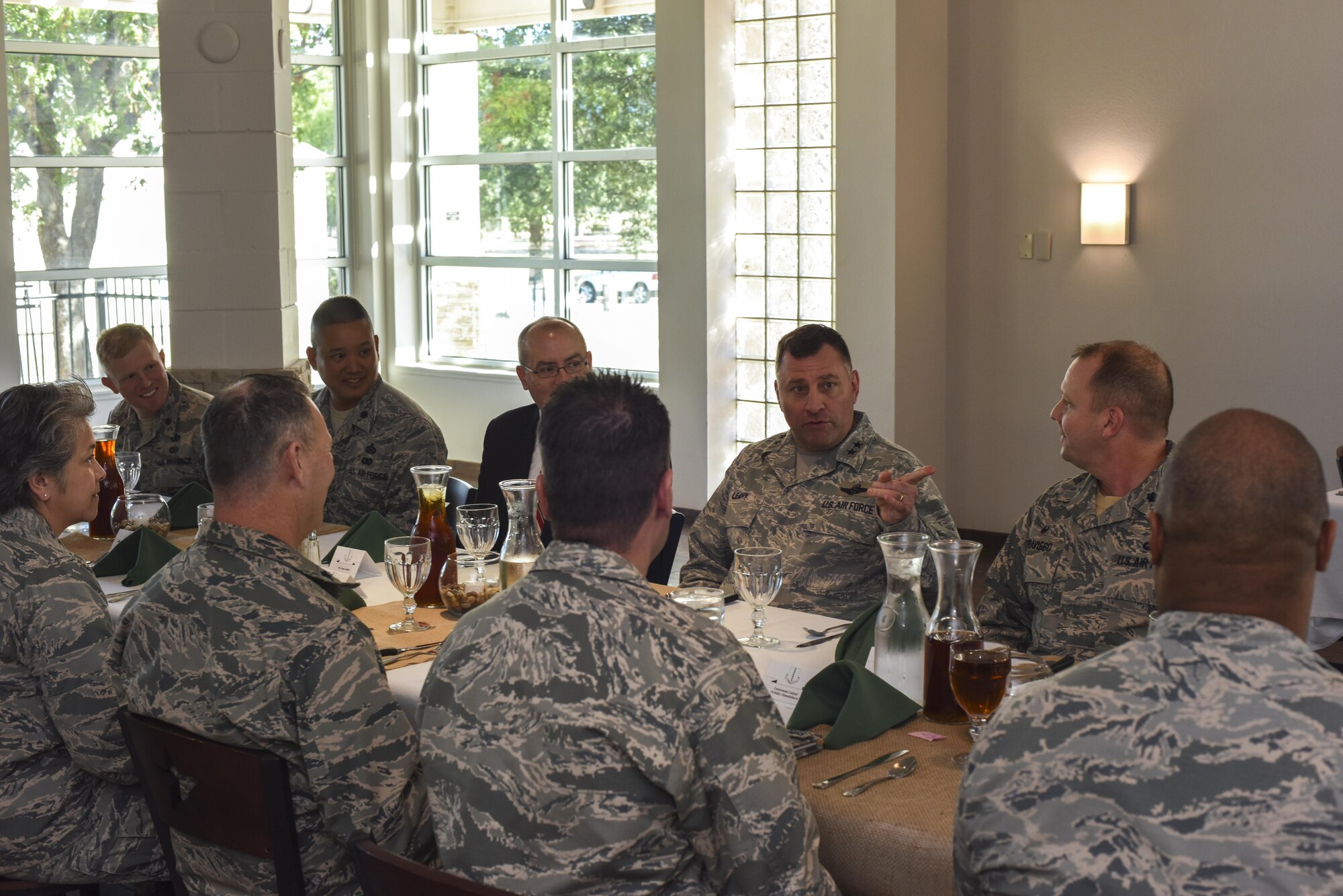 U.S. Air Force Maj. Gen. Timothy Leahy, 2nd Air Force commander, speaks with squadron commanders at the Event Center on Goodfellow Air Force Base, Texas, Nov. 2, 2017. Leahy took the opportunity of the lunch to discuss concerns and hopes of the different squadrons. (U.S. Air Force photos by Airman 1st Class Zachary Chapman/Released)