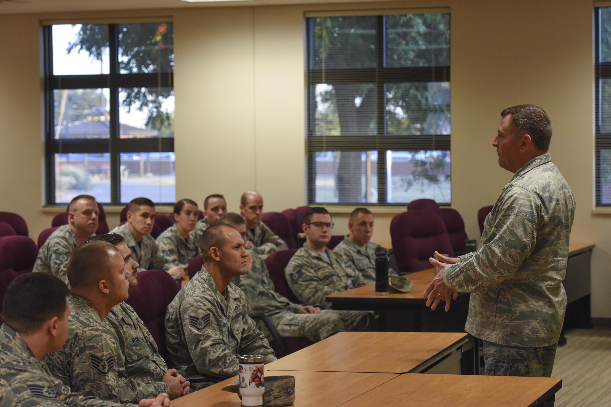 U.S. Air Force Maj. Gen. Timothy Leahy, 2nd Air Force commander, speaks before a group of instructors in the Consolidated Learning Center on Goodfellow Air Force Base, Texas, Nov. 3, 2017. Leahy spoke on manning problems in the Air Force and opened the floor for questions that the instructors had. (U.S. Air Force photos by Airman 1st Class Zachary Chapman/Released)