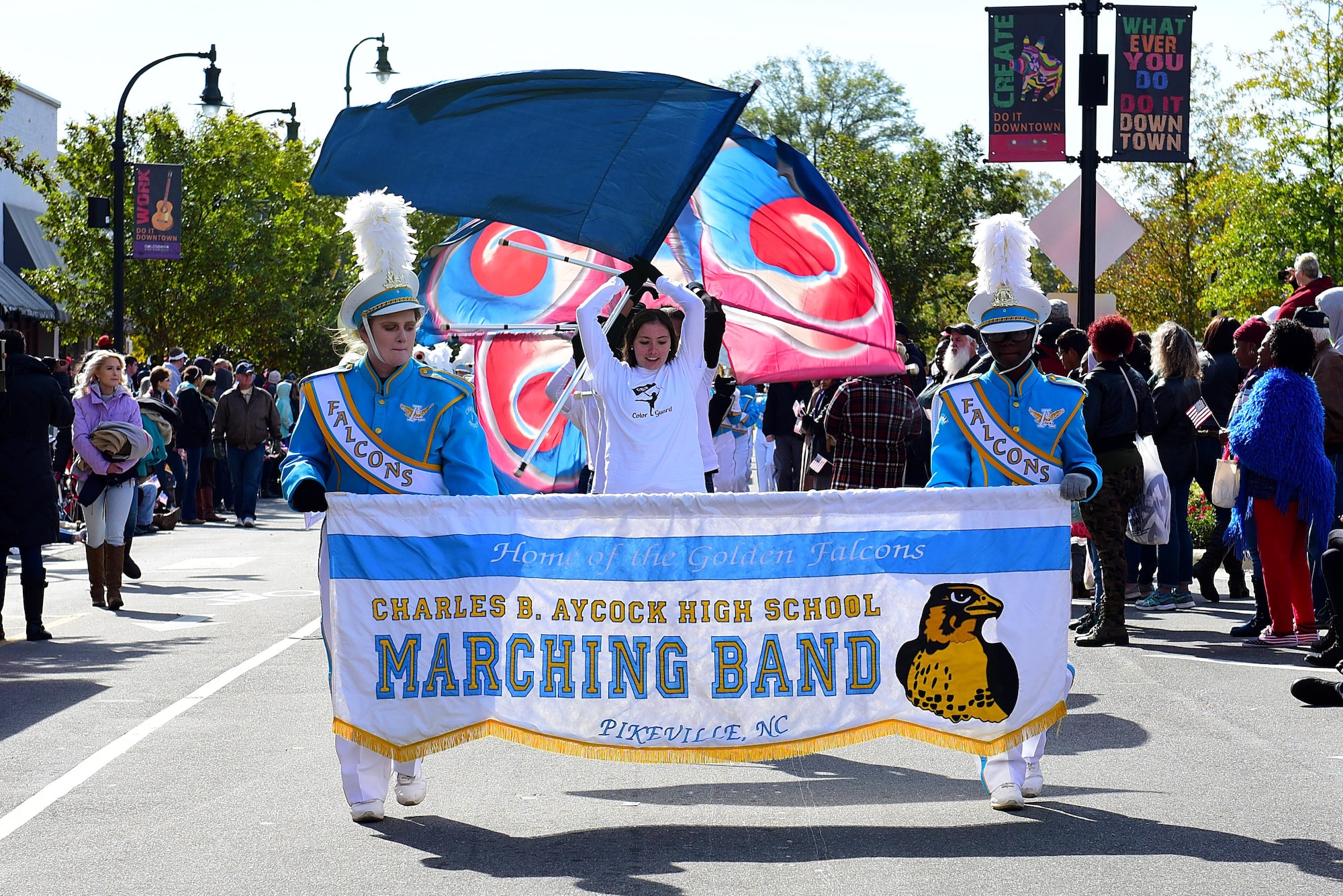 Members of the Charles B. Aycock High School Marching Band perform during the Wayne County Veterans Day Parade, Nov. 11, 2017, in Goldsboro, North Carolina. The parade was sponsored by the Wayne County Veterans and Patriots Coalition, who provide services for approximately 23,000 veterans living within Wayne County. (U.S. Air Force photo by Airman 1st Class Kenneth Boyton)