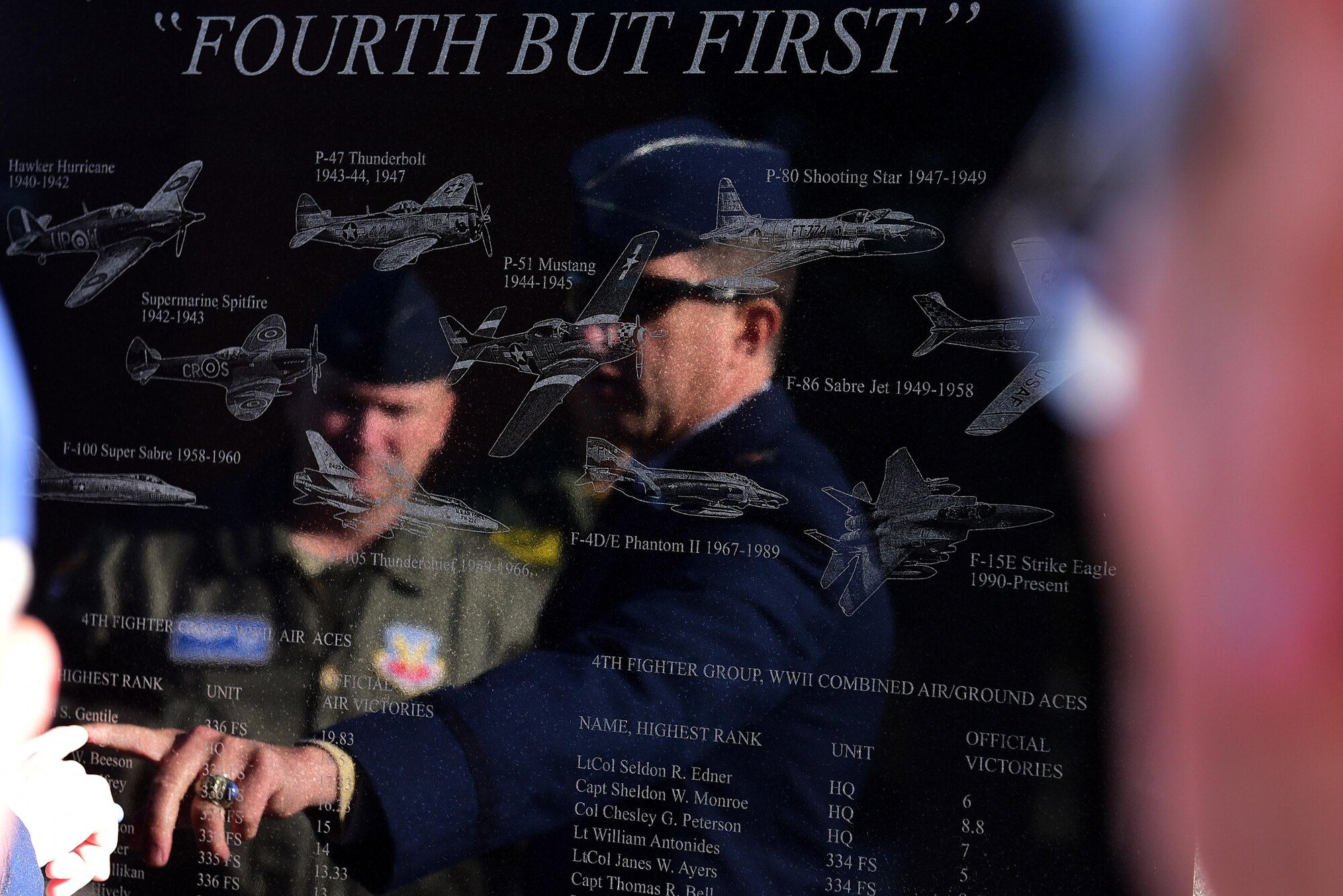 Col. Christopher Sage, 4th Fighter Wing commander, observe the new honor stone unveiled Nov. 11, 2017, at Seymour Johnson Air Force Base, North Carolina. The monument was placed in front of 4th Mission Support Group building and represents all of the Airmen from the 4th Fighter Wing who have either died in combat or became aerial aces. (U.S. Air Force photo by Airman 1st Class Kenneth Boyton)