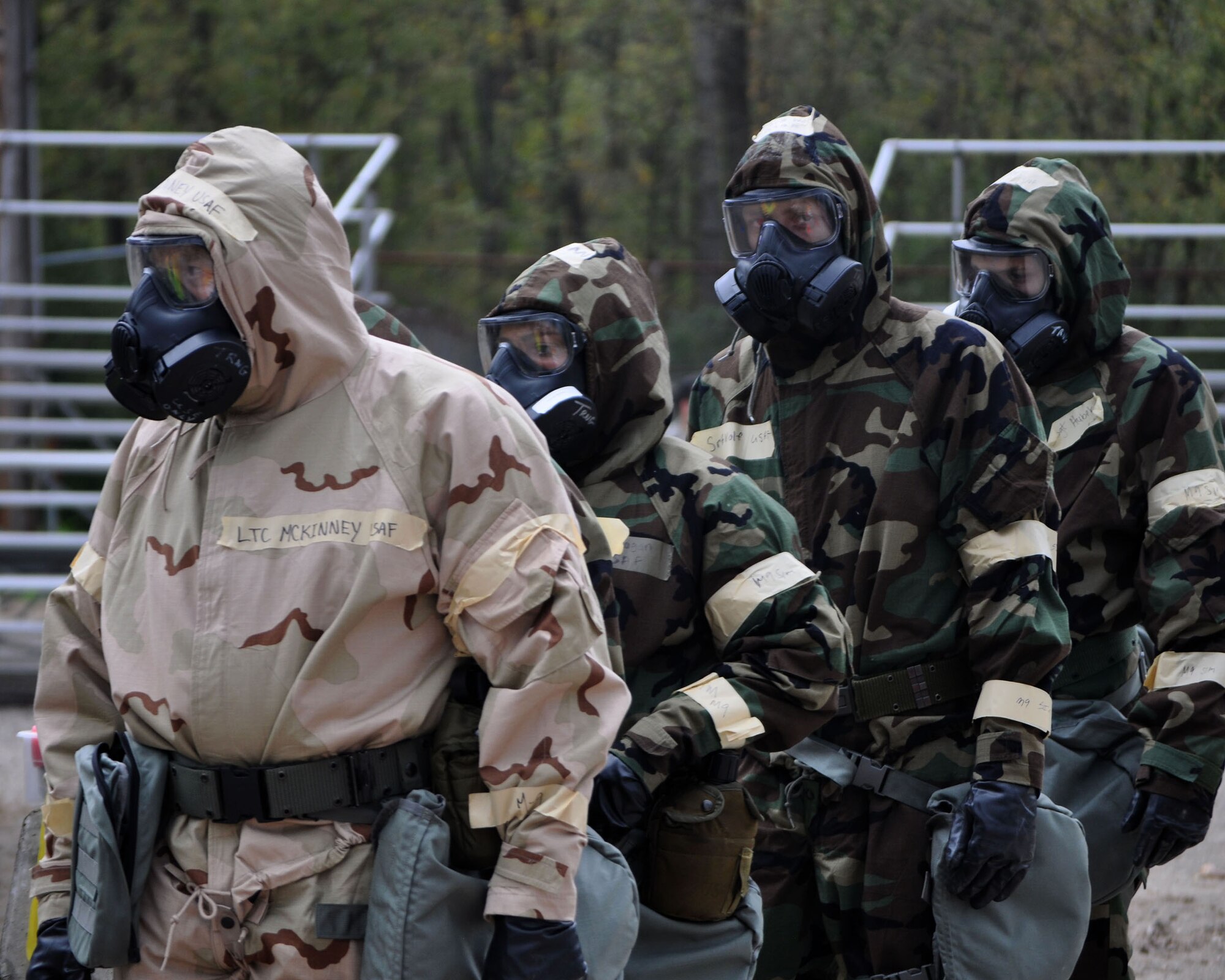 Citizen Airmen from the 445th Airlift Wing wait to remove their gear during Ability to Survive and Operate training conducted at the Wright-Patterson Air Force Base Warfighter Training Center Oct. 15, 2017.