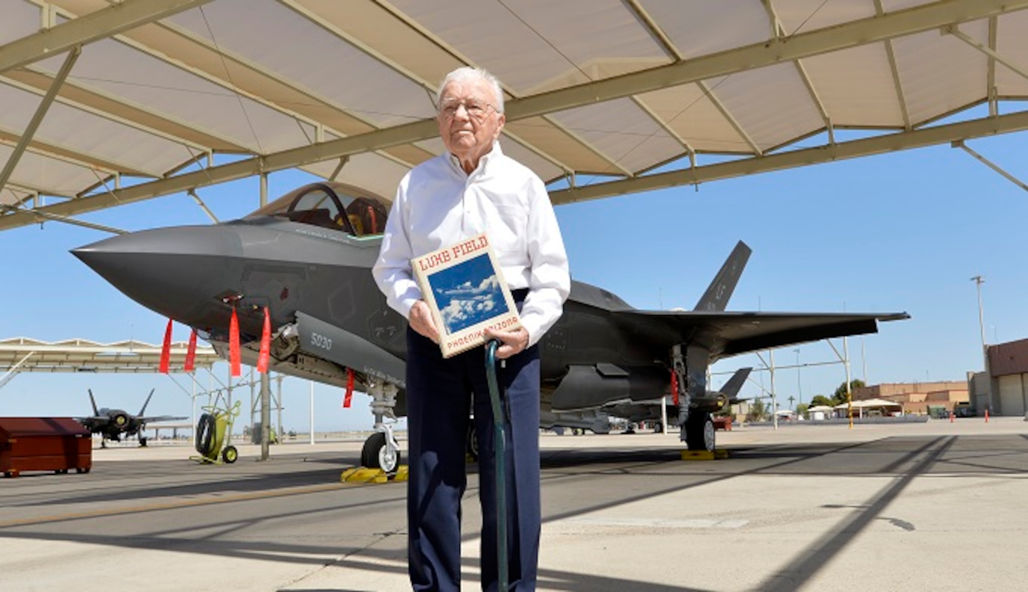 John Marusiak poses for a photo for the Air Force's 2017 Veterans in Blue Series at Luke Air Force Base, Arizona, April 14, 2017. Marusiak enlisted into the Army Air Corps as a pilot and completed a total of 105 missions over Europe during World War II. (U.S. Air Force photo by Staff Sgt. Marcy Copeland)