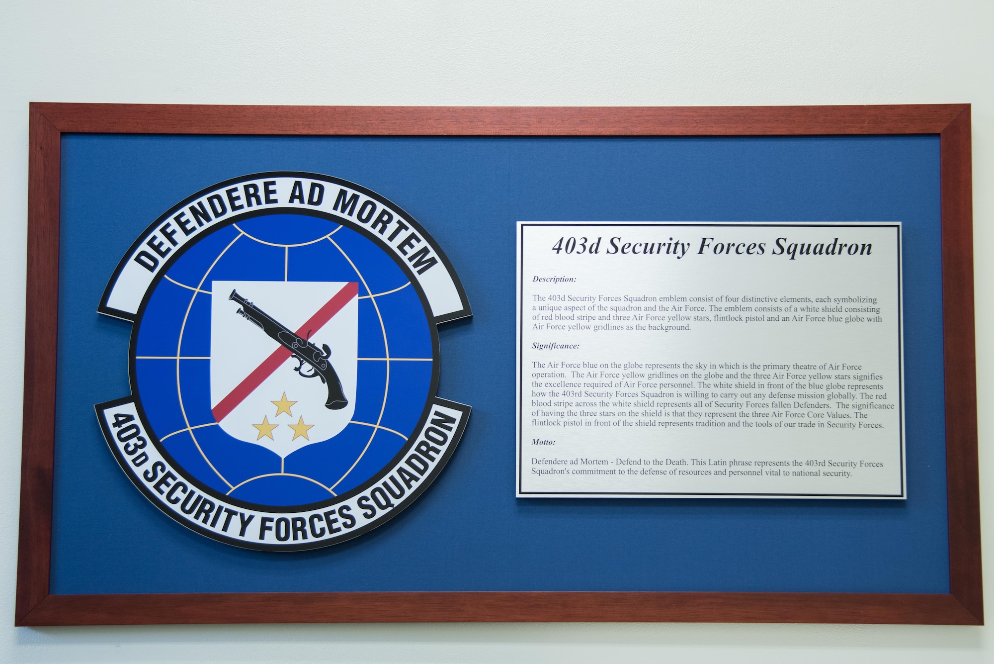 A board inside the 403rd Security Forces Squadron building at Keesler Air Force Base, Mississippi, outlines the description, significance and motto of the new 403rd SFS patch Nov. 7, 2017. (U.S. Air Force photo by Staff Sgt. Heather Heiney)